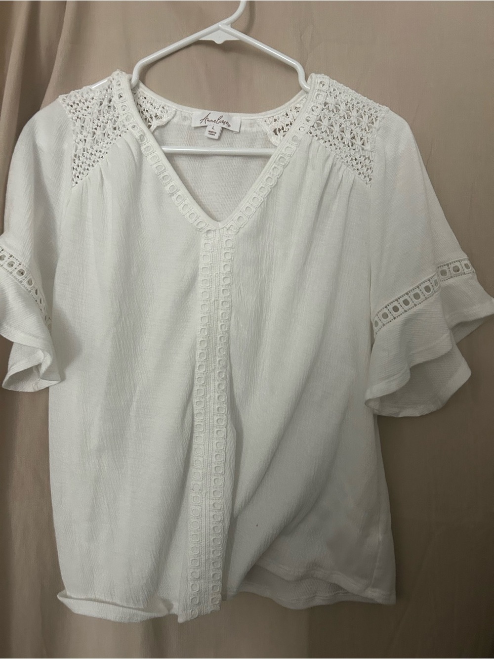 Avalon White Crochet-Trim Flutter Sleeve Blouse